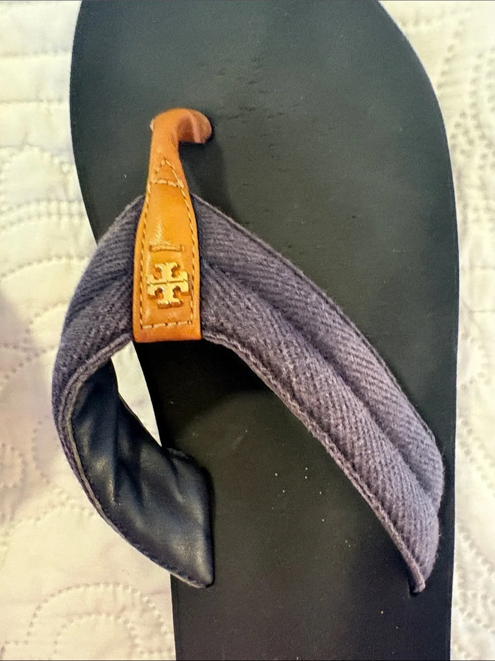 Tory Burch Navy and Tan Women's Flip Flop Sandals